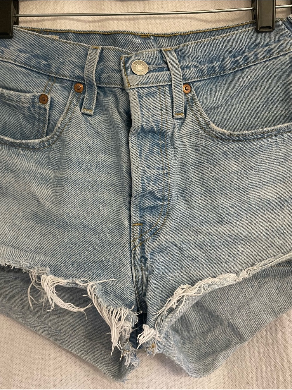 Levi's 501 Light Blue Distressed High-Waist Jean Shorts